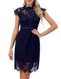 ALLOVIN Women's Sleeveless V-Back Floral Lace Cocktail Party Dress Elegant Knee Length Wedding Guest Dress Navy Blue