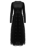 ALLOVIN Women's Long Sleeve Hollow Out Boho Maxi Dress Flowy Casual Long Tulle Dress with Pockets Black