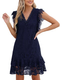 ALLOVIN Women's Elegant V Neck Ruffle Hem Floral Lace Cocktail Dress Sleeveless Wedding Guest Party Dress Navy Blue