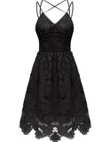 ALLOVIN Women's V Neck Spaghetti Strap Floral Lace Cocktail Dress Sexy Backless Sleeveless A Line Party Dress Black