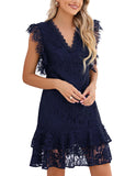 ALLOVIN Women's Elegant V Neck Ruffle Hem Floral Lace Cocktail Dress Sleeveless Wedding Guest Party Dress Navy Blue