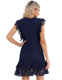 ALLOVIN Women's Elegant V Neck Ruffle Hem Floral Lace Cocktail Dress Sleeveless Wedding Guest Party Dress Navy Blue