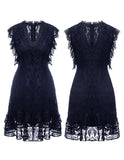 ALLOVIN Women's Elegant V Neck Ruffle Hem Floral Lace Cocktail Dress Sleeveless Wedding Guest Party Dress Navy Blue