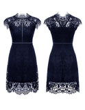 ALLOVIN Women's Sleeveless V-Back Floral Lace Cocktail Party Dress Elegant Knee Length Wedding Guest Dress Navy Blue