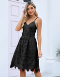 ALLOVIN Women's V Neck Spaghetti Strap Floral Lace Cocktail Dress Sexy Backless Sleeveless A Line Party Dress Black